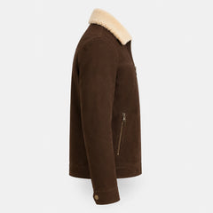 Men's Coffee Brown Suede Leather Shearling Collar Jacket Winter Jacket - RXD Leather 00504