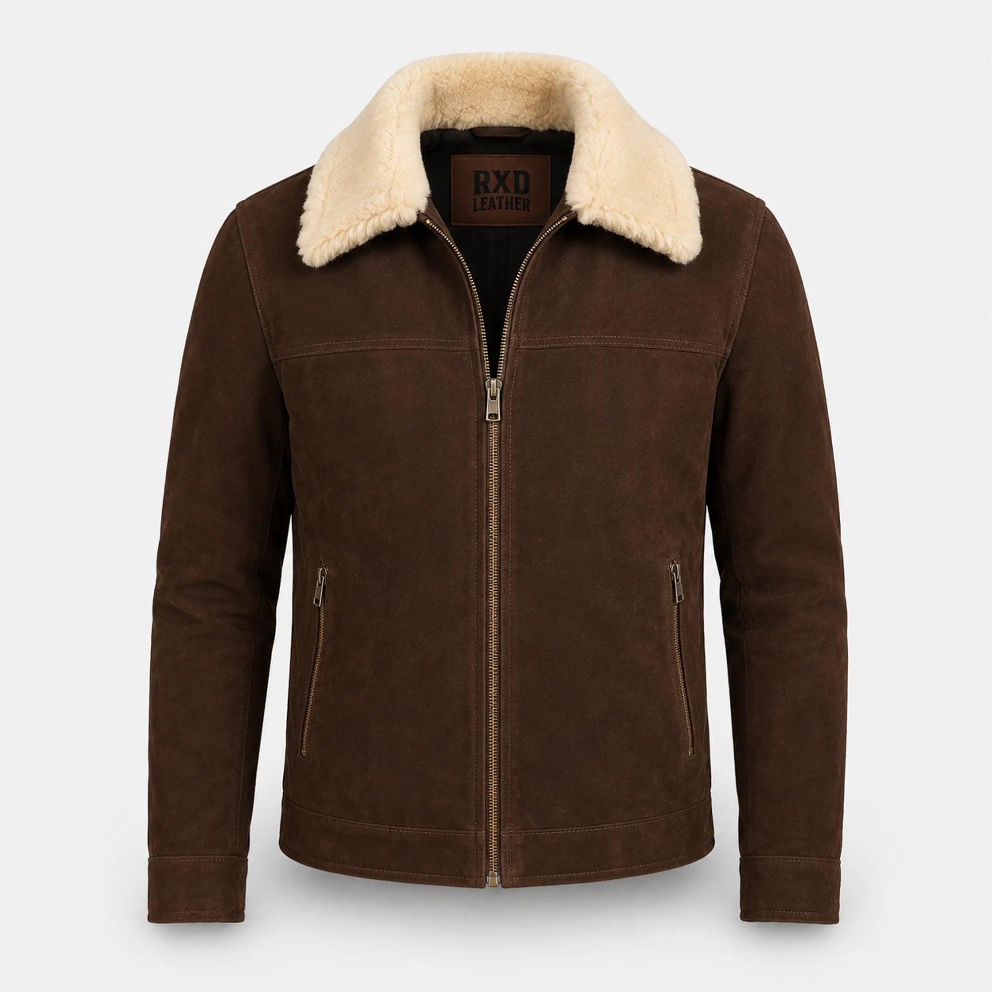 Men's Coffee Brown Suede Leather Shearling Collar Jacket Winter Jacket - RXD Leather 00504