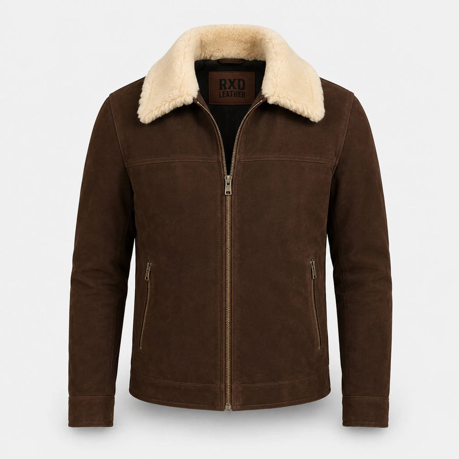 Men's coffee brown suede leather shearling collar jacket – RXD Leather