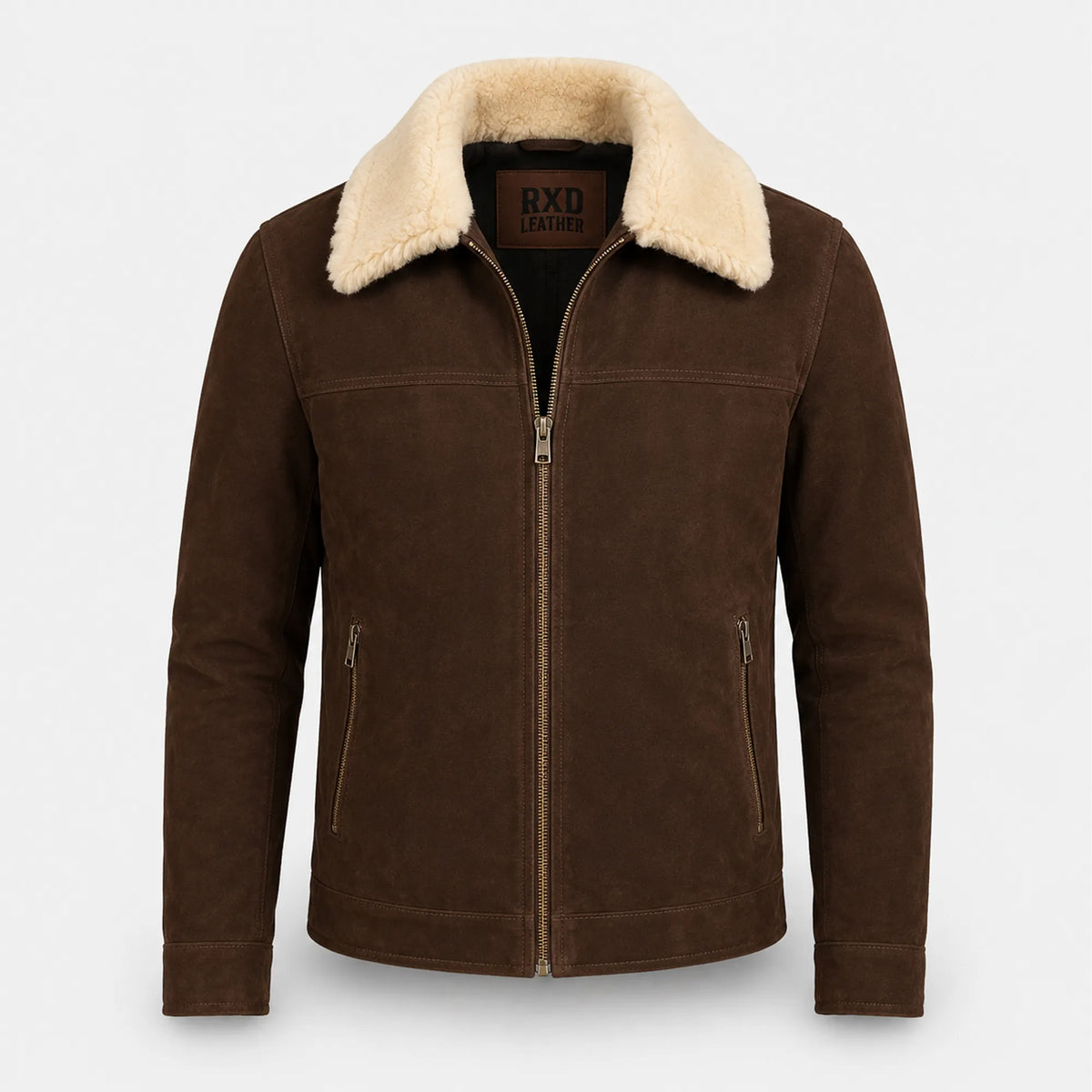 Men's Coffee Brown Suede Leather Shearling Collar Jacket Winter Jacket - RXD Leather 00504