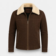 Men's Coffee Brown Suede Leather Shearling Collar Jacket Winter Jacket - RXD Leather 00504