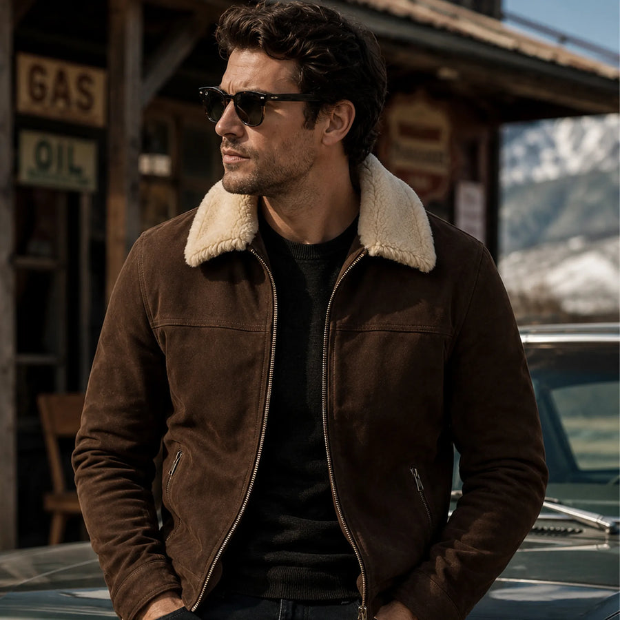 Men's brown suede jacket with shearling fur collar – RXD Leather