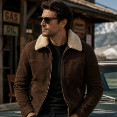 Men's Coffee Brown Suede Leather Shearling Collar Jacket Winter Jacket - RXD Leather 00504