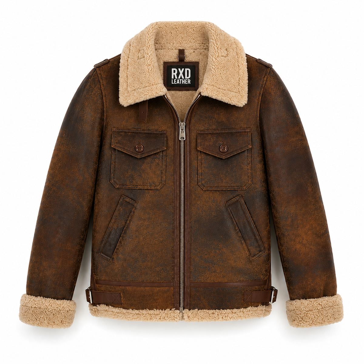 Men's Cowhide Brown Distressed Shearling Leather Jacket Winter Coat-RXD Leather 00120