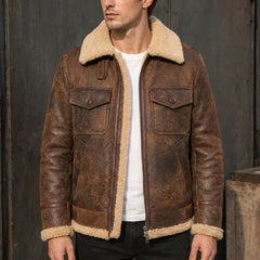 Men's Cowhide Brown Distressed Shearling Leather Jacket Winter Coat-RXD Leather 00120