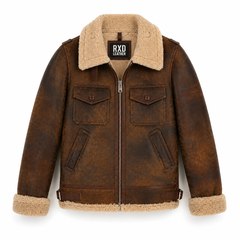 Men's Cowhide Brown Distressed Shearling Leather Jacket Winter Coat-RXD Leather 00120