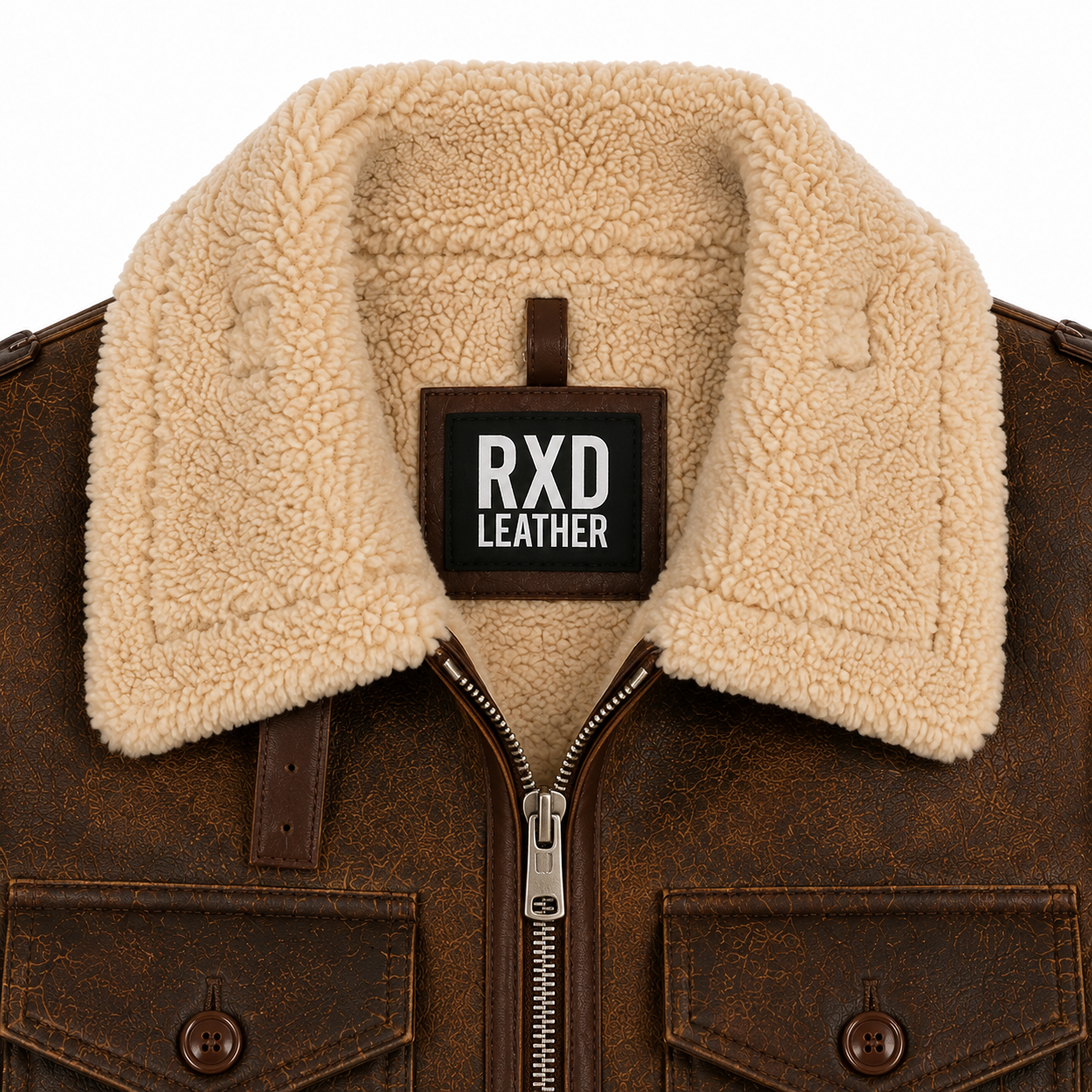 Men's Cowhide Brown Distressed Shearling Leather Jacket Winter Coat-RXD Leather 00120
