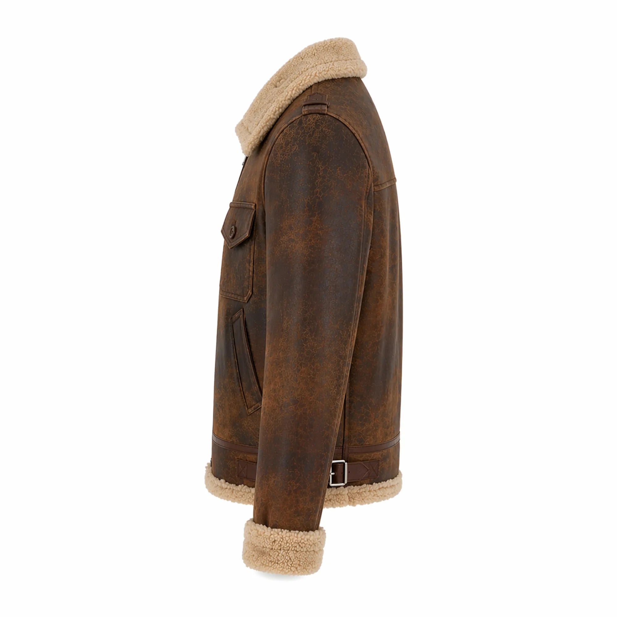 Men's Cowhide Brown Distressed Shearling Leather Jacket Winter Coat-RXD Leather 00120
