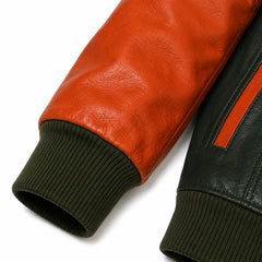 Men's green orange genuine leather varsity jacket detail – RXD Leather