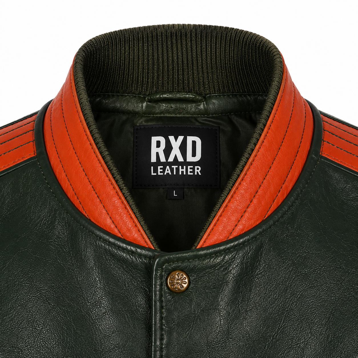 Men's green orange varsity bomber jacket styled – RXD Leather
