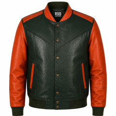 Men's green orange genuine leather varsity bomber jacket – RXD Leather