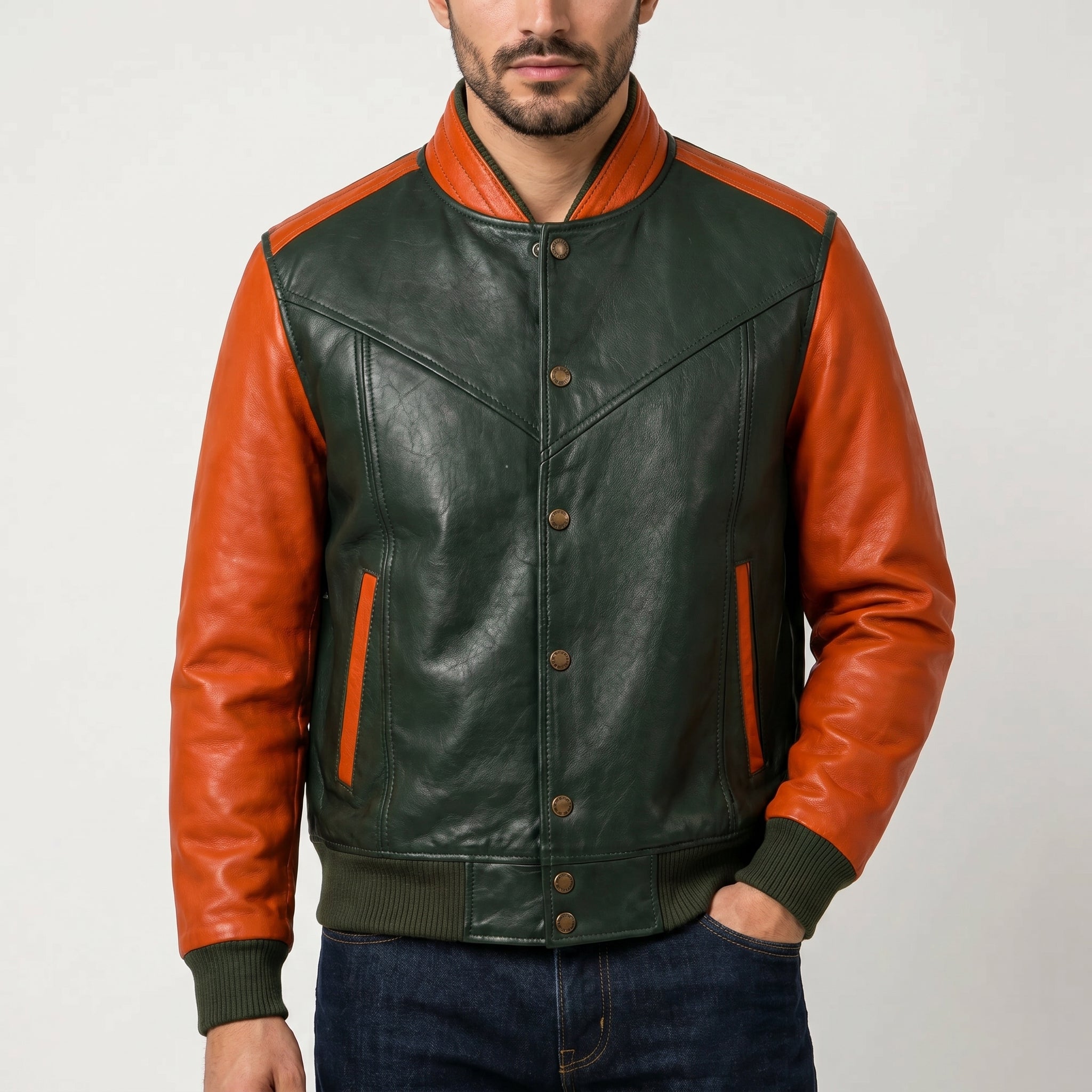 Men's green orange varsity jacket with embroidered details – RXD Leather