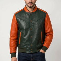 Men's green orange varsity jacket with embroidered details – RXD Leather