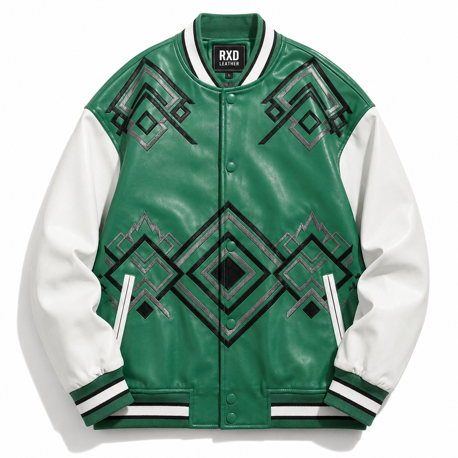 Men's green PU leather patchwork varsity bomber jacket – RXD Leather