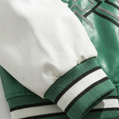 Men's green PU leather varsity bomber jacket detail – RXD Leather