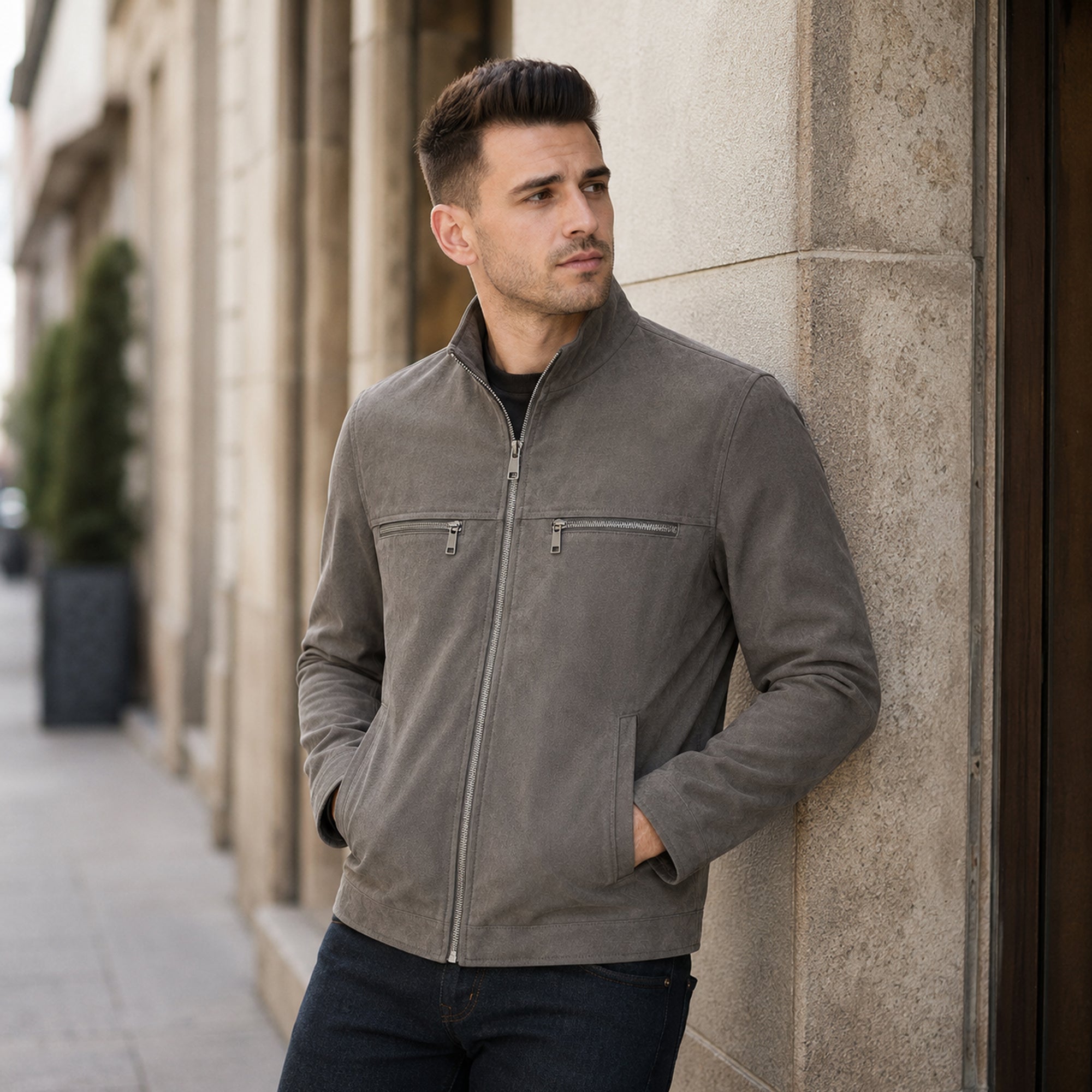 Men's grey suede jacket with modern fit – RXD Leather