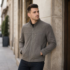 Men's grey suede jacket with modern fit – RXD Leather