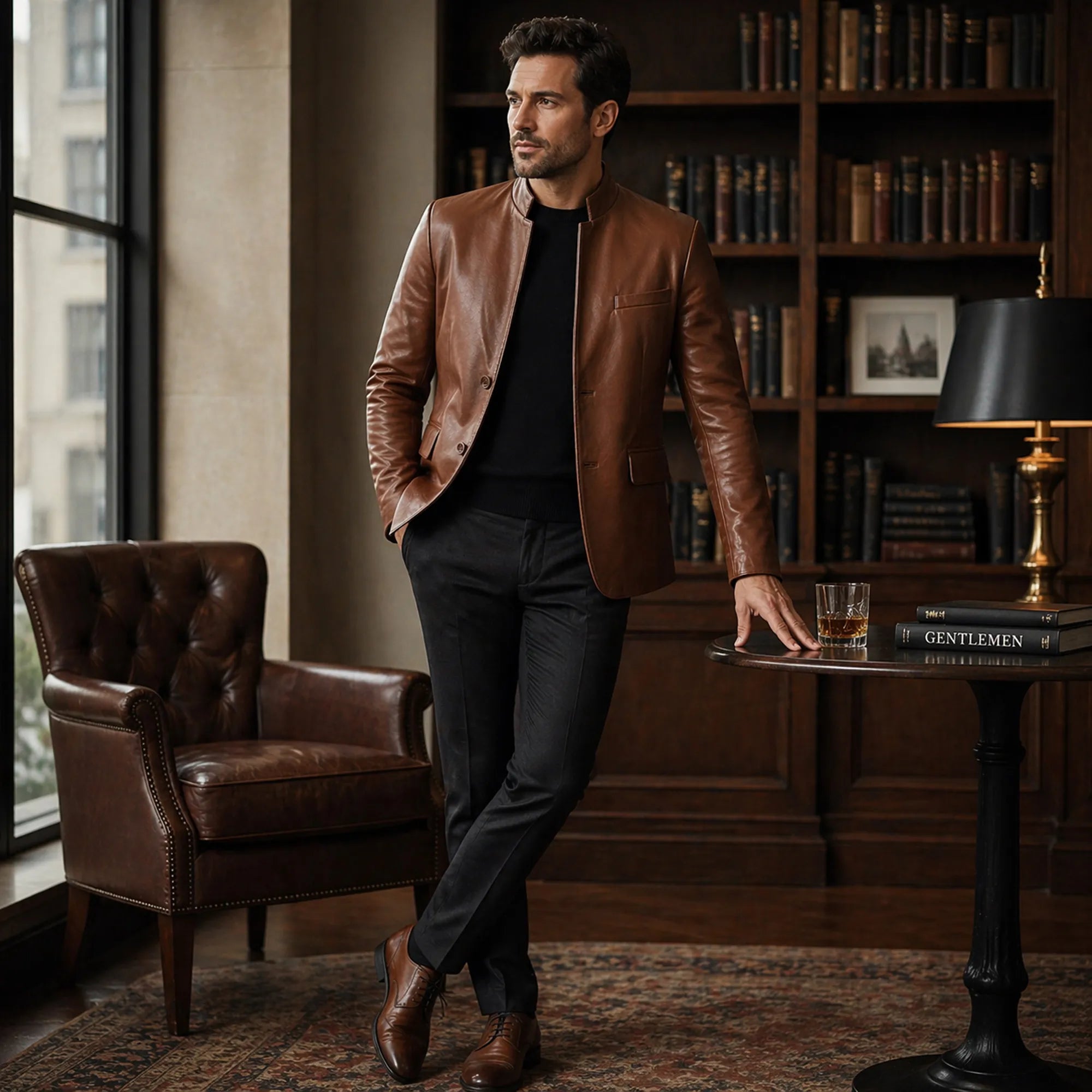 Men's cognac leather blazer with two-button closure – RXD Leather
