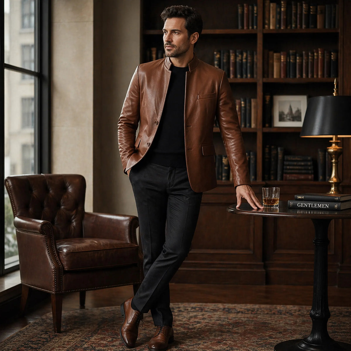 Men's cognac leather blazer with two-button closure – RXD Leather