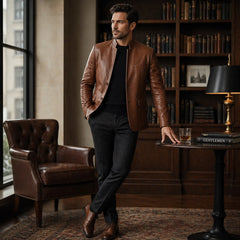 Men's cognac leather blazer with two-button closure – RXD Leather