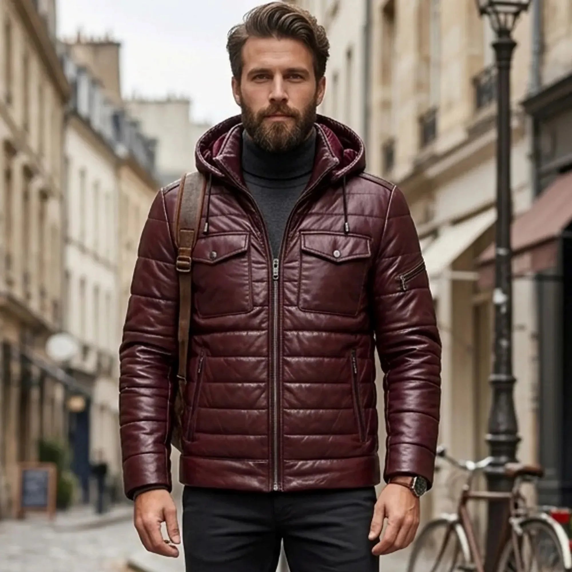 Men's black lambskin puffer jacket with hood – RXD Leather