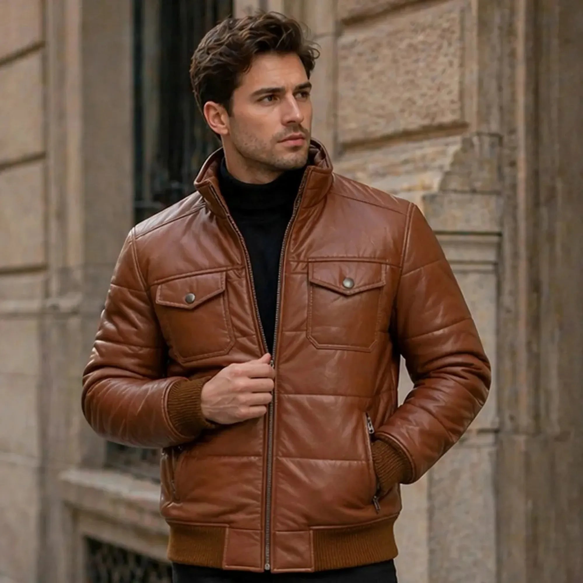 Men's brown sheepskin puffer jacket with high neck – RXD Leather