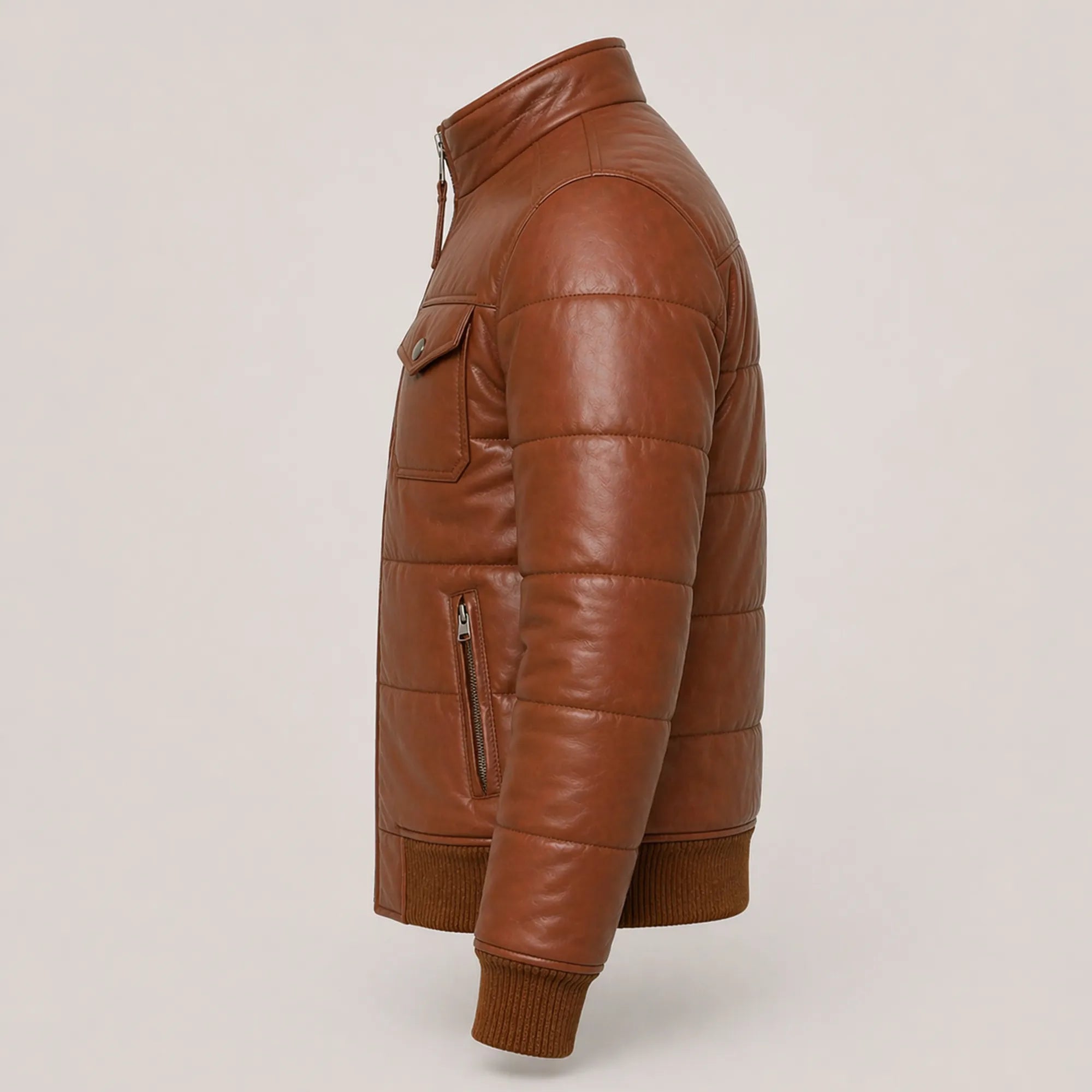 Men's brown leather puffer bomber jacket detail – RXD Leather