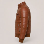 Men's brown leather puffer bomber jacket detail – RXD Leather