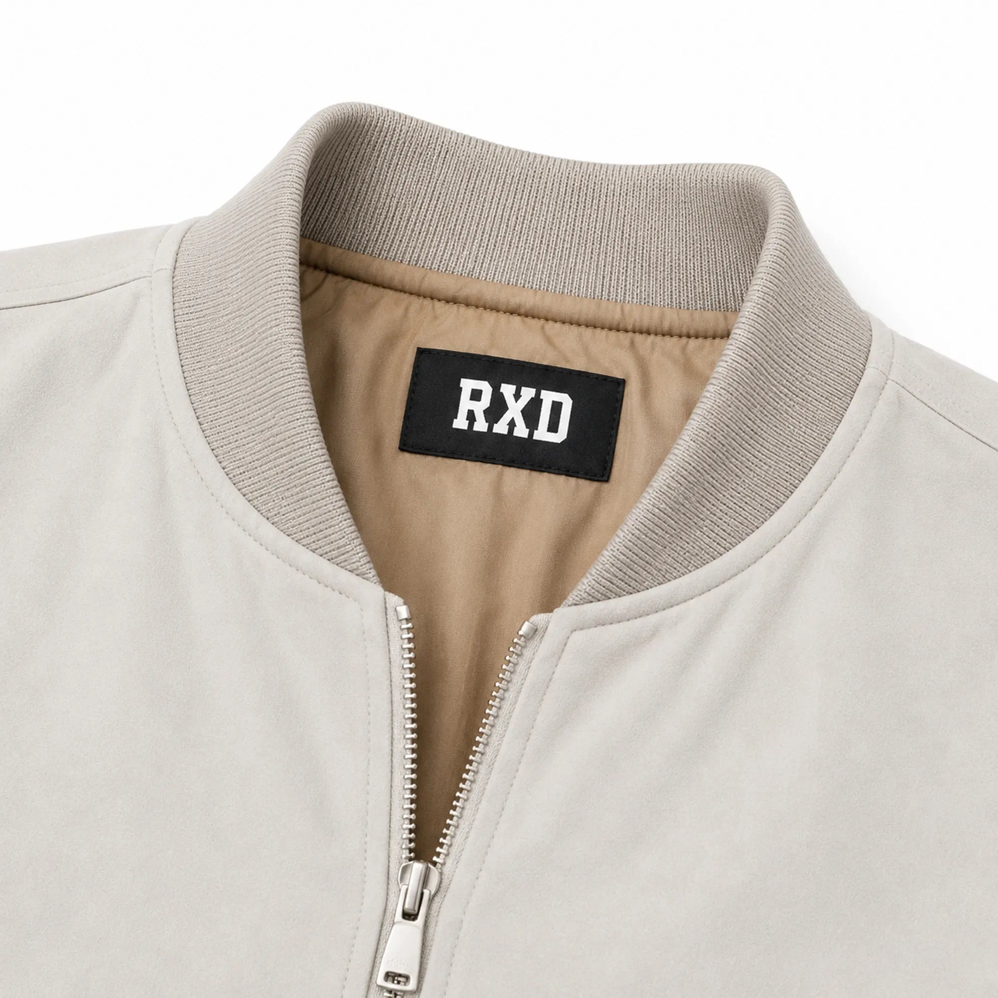 Men's light blue suede hooded bomber jacket detail – RXD Leather