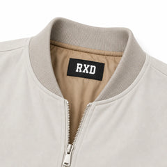 Men's light blue suede hooded bomber jacket detail – RXD Leather