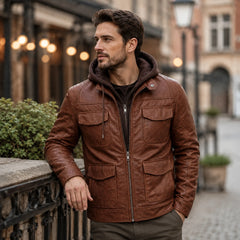 Men's brown Nappa leather biker jacket with hood – RXD Leather