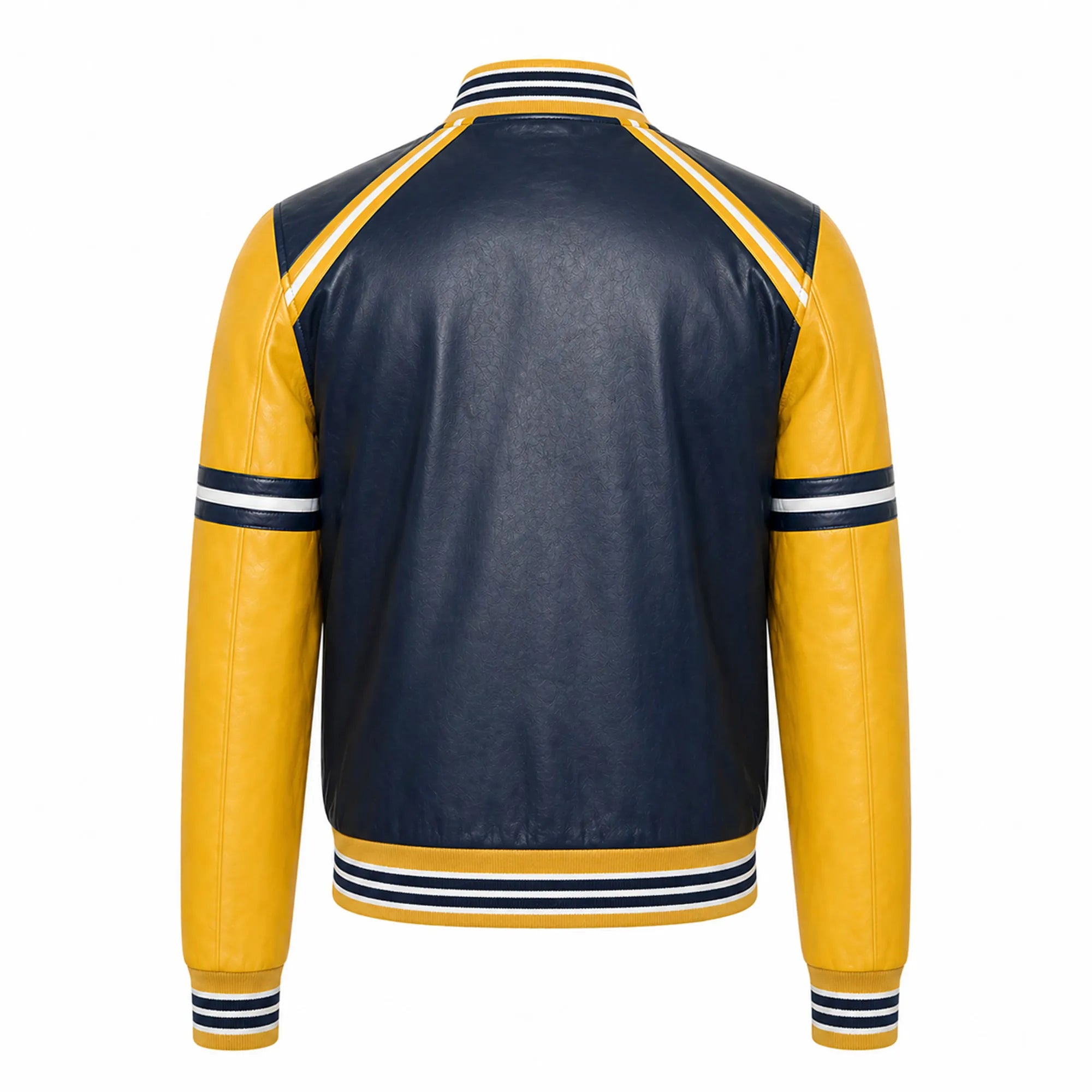 Men's navy yellow letterman jacket with snap closure – RXD Leather