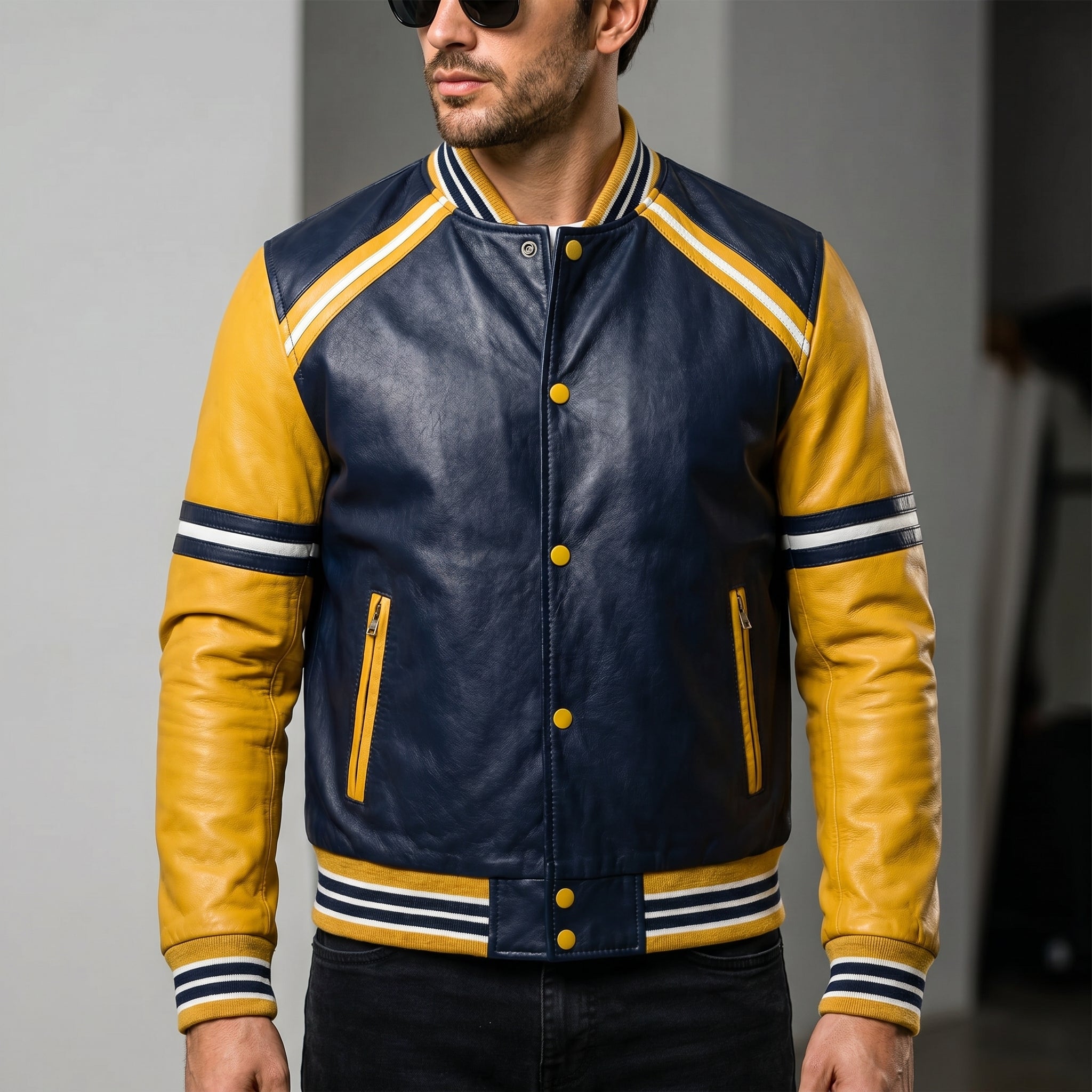 Men's navy varsity jacket with yellow sleeves – RXD Leather