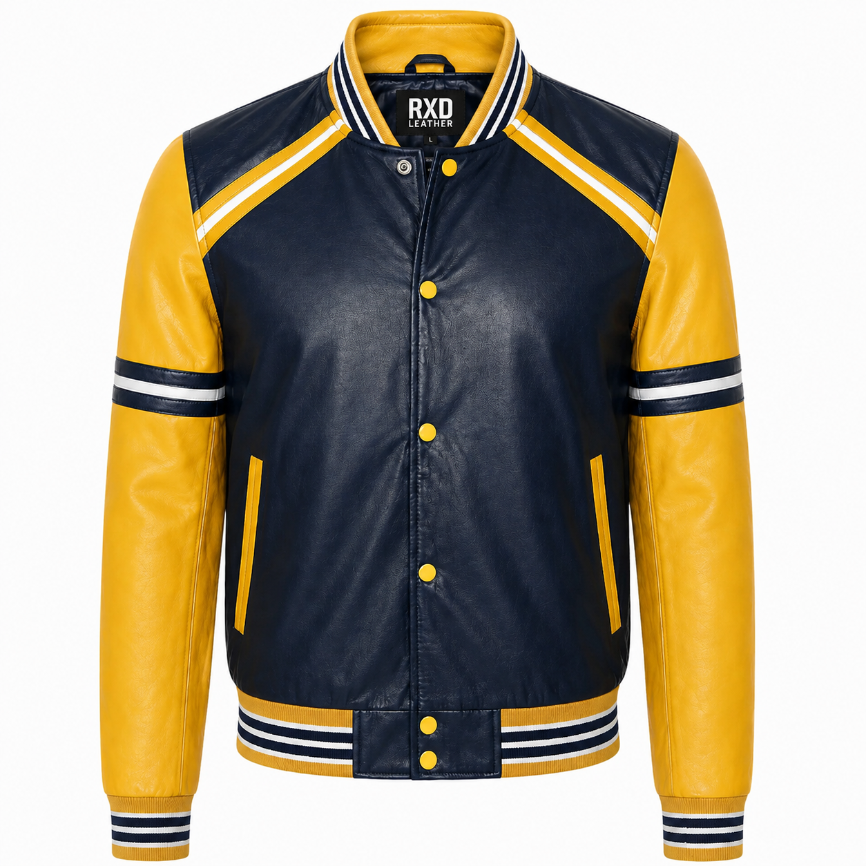 Men's navy yellow PU leather varsity bomber jacket – RXD Leather