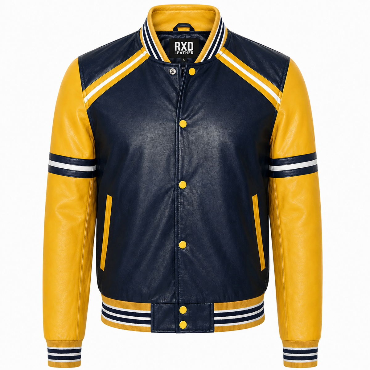 Men's navy yellow PU leather varsity bomber jacket – RXD Leather