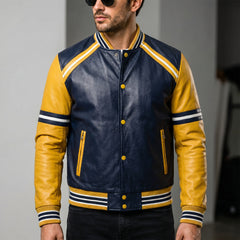Men's navy varsity jacket with yellow sleeves – RXD Leather