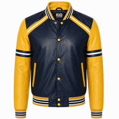 Men's navy yellow PU leather varsity bomber jacket – RXD Leather
