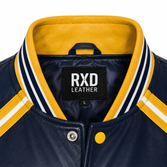 Men's navy yellow varsity bomber jacket styled – RXD Leather