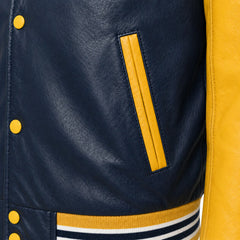 Men's navy yellow varsity bomber jacket detail – RXD Leather