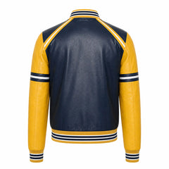 Men's navy yellow letterman jacket with snap closure – RXD Leather