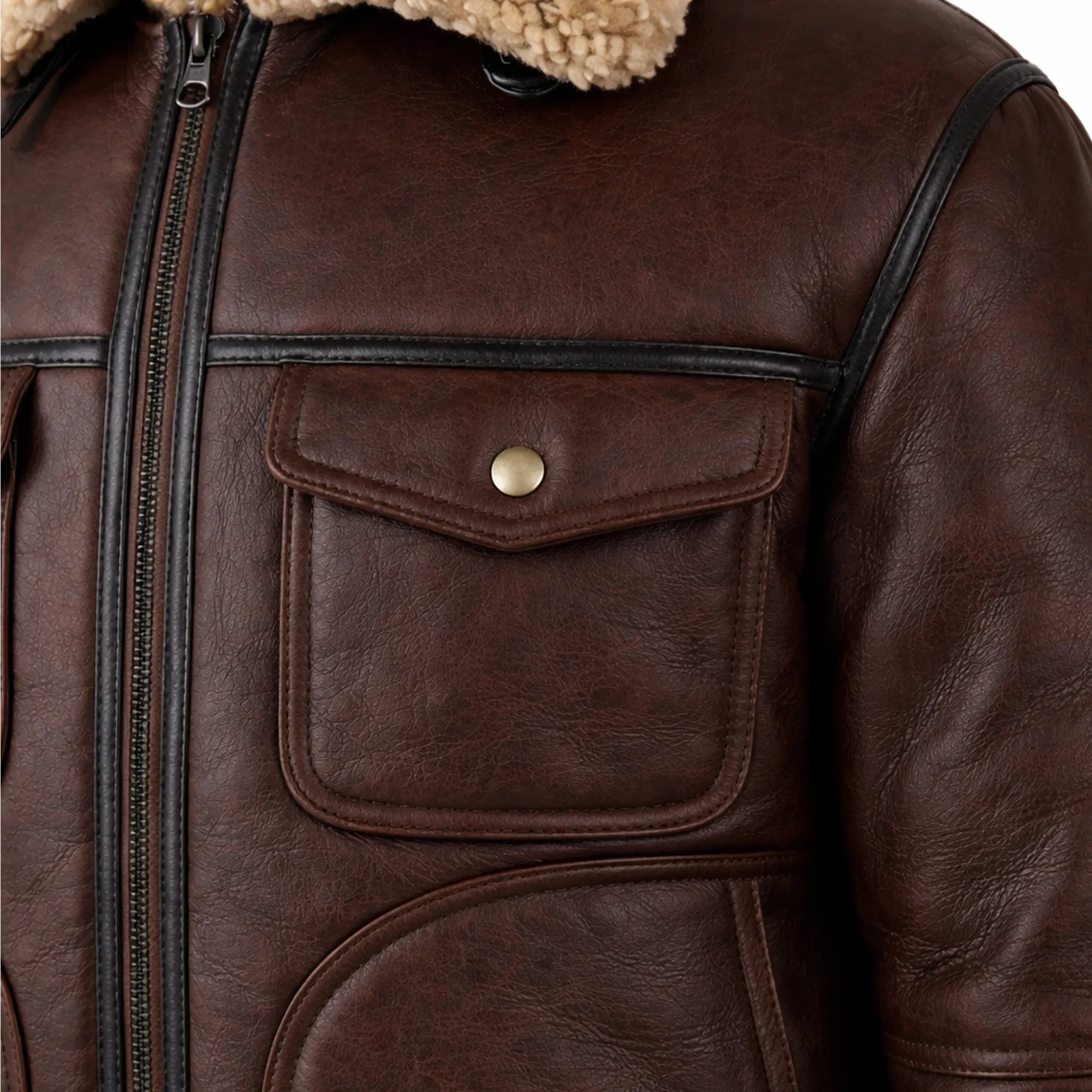 Men's Sheepskin Shearling Flying Leather Jacket Brown Winter Coat Wear-RXD Leather 0073