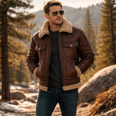 Men's Sheepskin Shearling Flying Leather Jacket Brown Winter Coat Wear-RXD Leather 0073