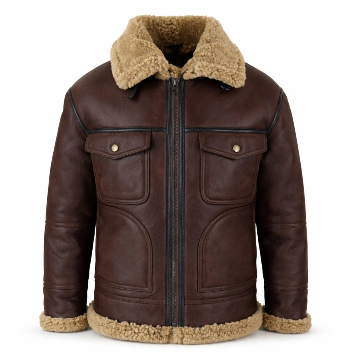 Men's Sheepskin Shearling Flying Leather Jacket Brown Winter Coat Wear-RXD Leather 0073
