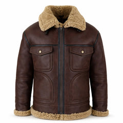 Men's Sheepskin Shearling Flying Leather Jacket Brown Winter Coat Wear-RXD Leather 0073