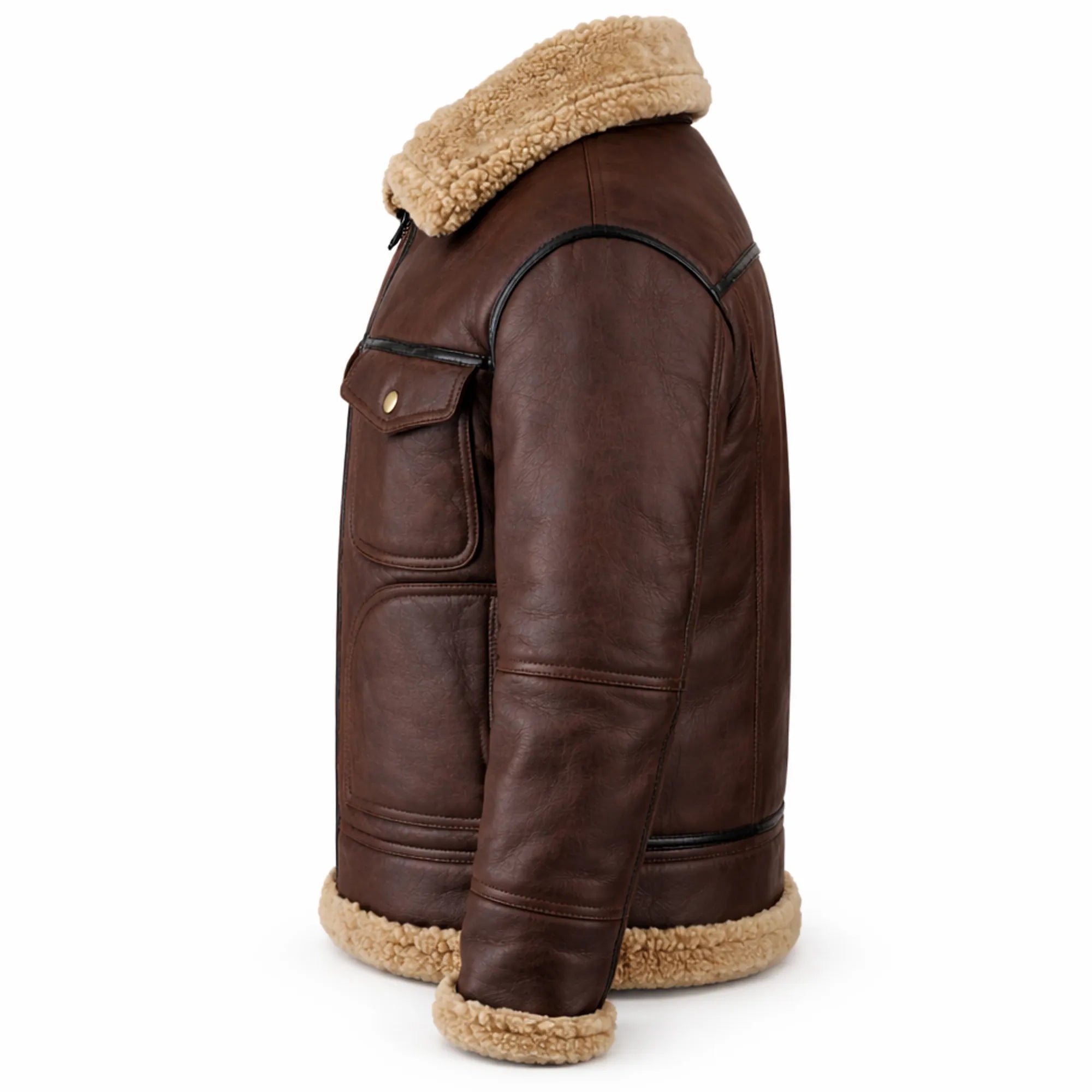 Men's Sheepskin Shearling Flying Leather Jacket Brown Winter Coat Wear-RXD Leather 0073