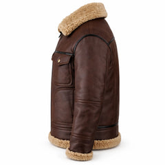Men's Sheepskin Shearling Flying Leather Jacket Brown Winter Coat Wear-RXD Leather 0073