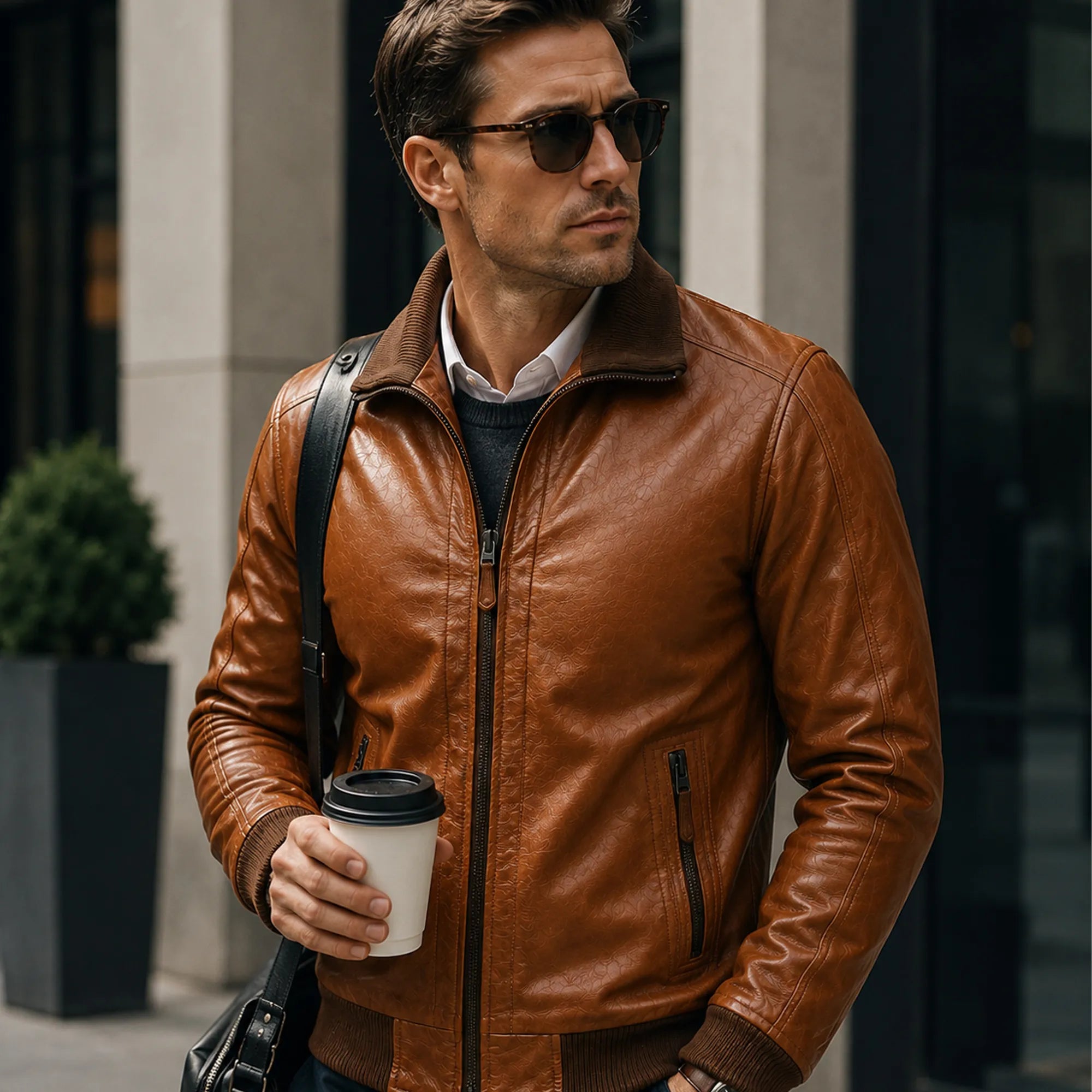 Men's brown biker jacket with rib-knit trims – RXD Leather