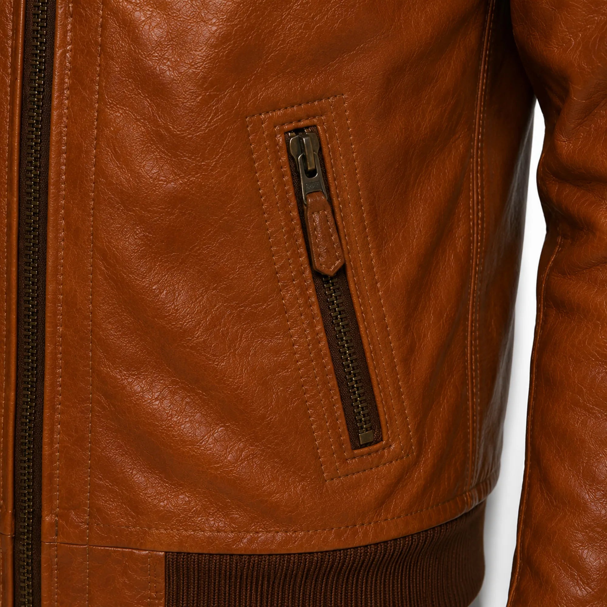 Men's shining brown leather biker jacket detail – RXD Leather