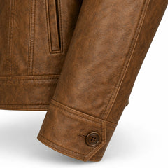 Men's vintage brown leather trucker jacket detail – RXD Leather