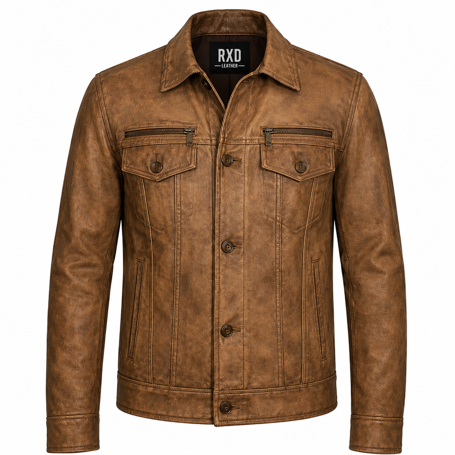 Men's vintage distressed brown leather trucker jacket – RXD Leather